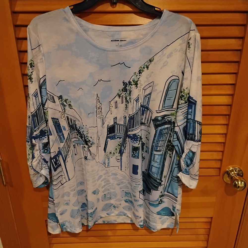 2$15 NWT Scenic Print 3/4 Tee In Shades Of Blue Large Firm Price